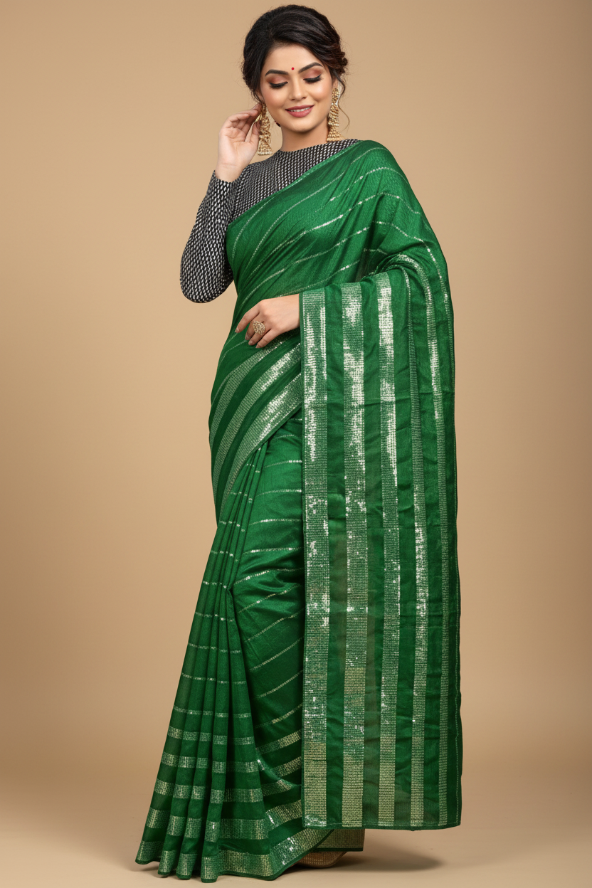 Snuggle Spot Women's Vichitra Saree with Blouse (Green, 5-6 Mtrs)