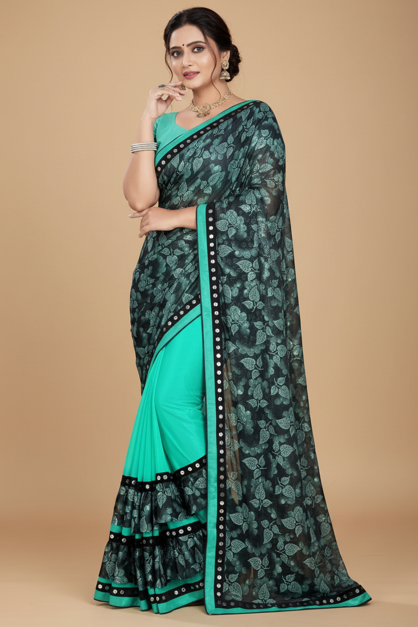 Snuggle Spot Women's Lycra Blend Saree with Blouse (Rama, 5-6 Mtrs)