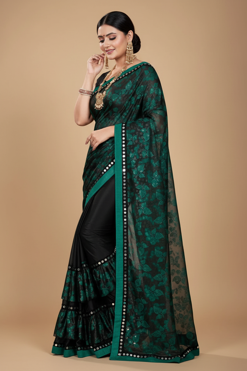 Snuggle Spot Women's Lycra Blend Saree with Blouse (Green, 5-6 Mtrs)