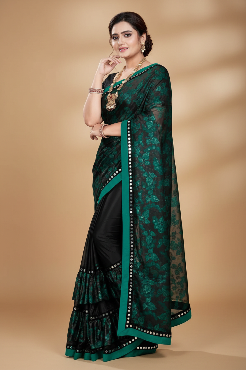 Snuggle Spot Women's Lycra Blend Saree with Blouse (Green, 5-6 Mtrs)