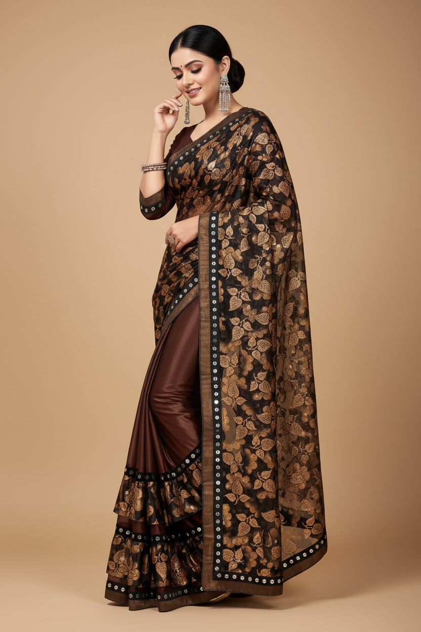 Snuggle Spot Women's Lycra Blend Saree with Blouse (Coffee, 5-6 Mtrs)