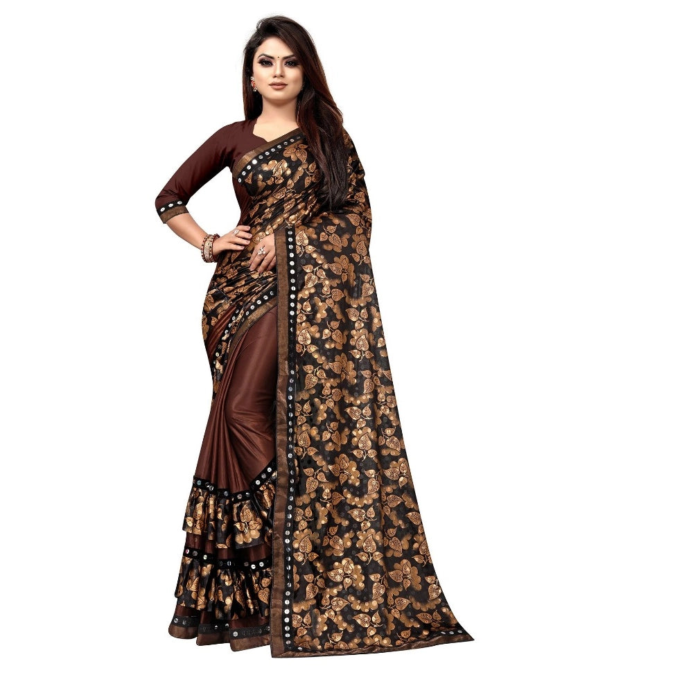 Snuggle Spot Women's Lycra Blend Saree with Blouse (Coffee, 5-6 Mtrs)