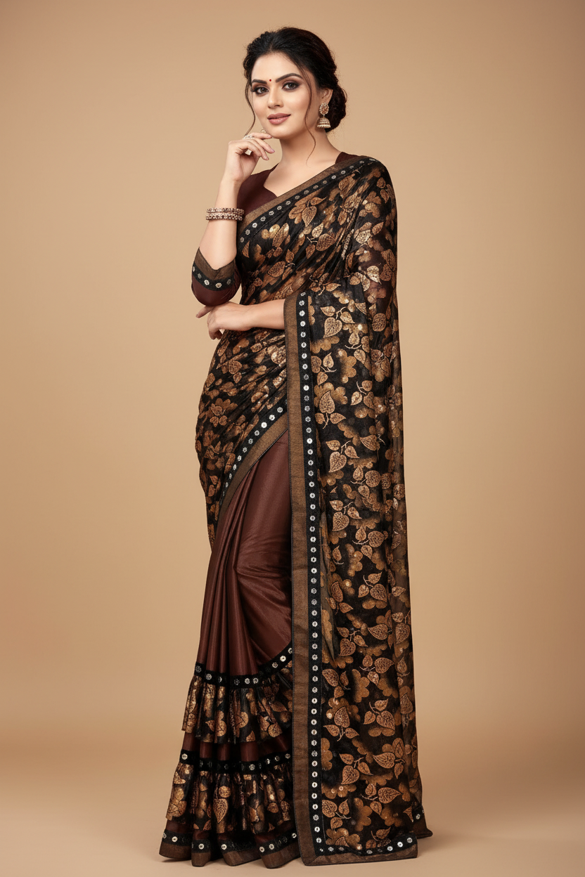 Snuggle Spot Women's Lycra Blend Saree with Blouse (Coffee, 5-6 Mtrs)