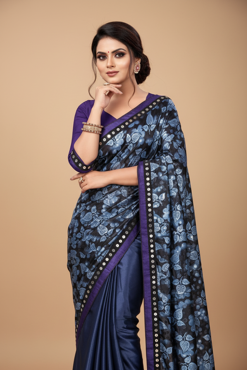 Snuggle Spot Women's Lycra Blend Saree with Blouse (Blue, 5-6 Mtrs)