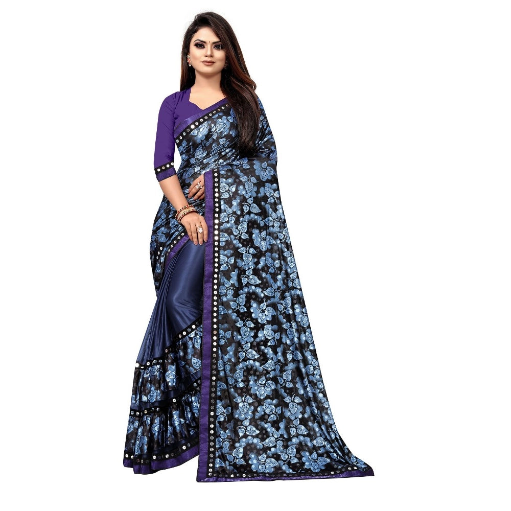 Snuggle Spot Women's Lycra Blend Saree with Blouse (Blue, 5-6 Mtrs)