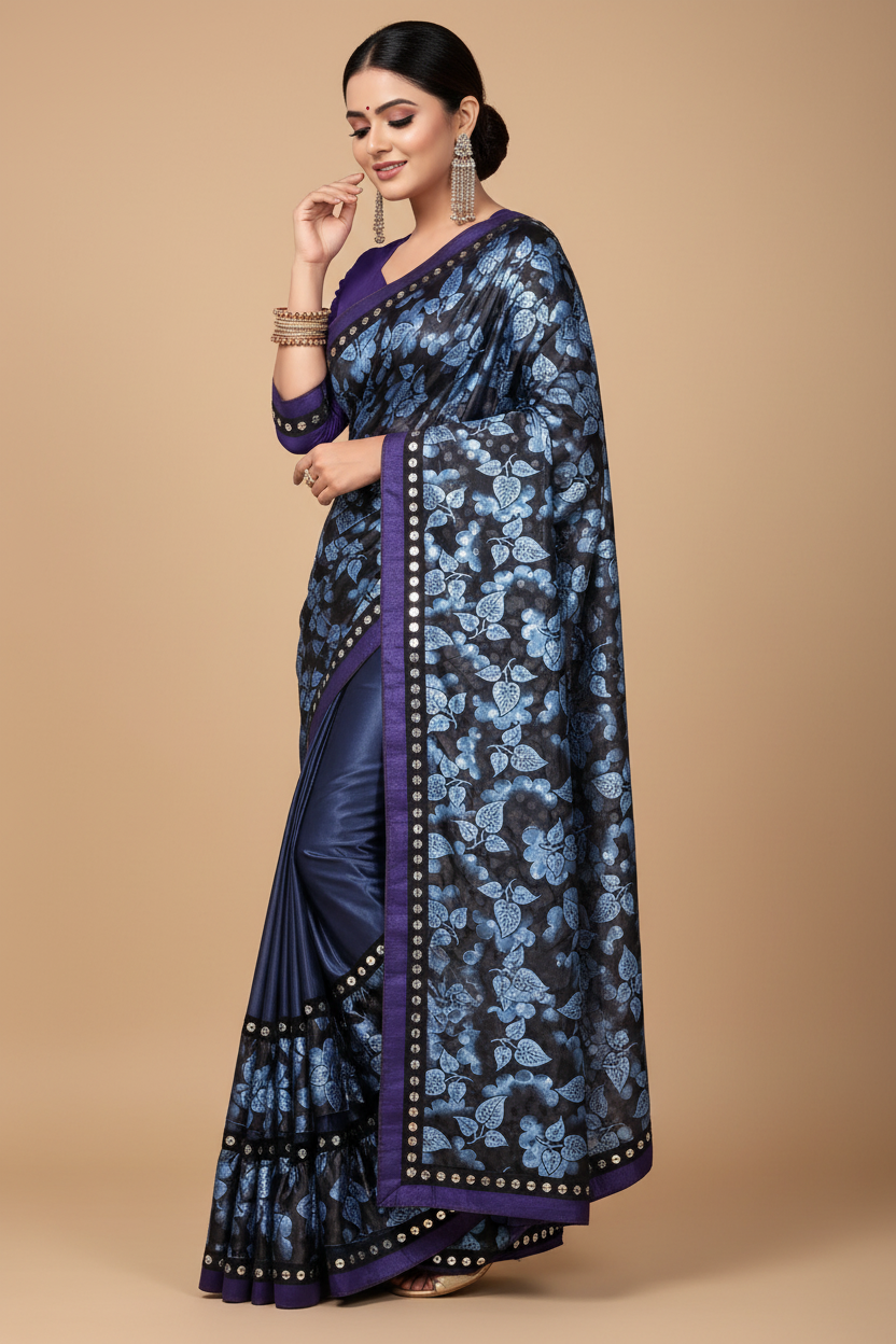 Snuggle Spot Women's Lycra Blend Saree with Blouse (Blue, 5-6 Mtrs)
