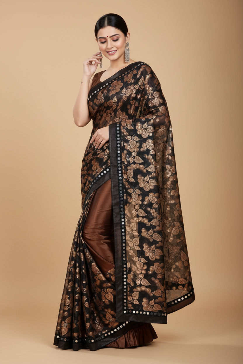 Snuggle Spot Women's Lycra Blend Saree with Blouse (Coffee, 5-6 Mtrs)