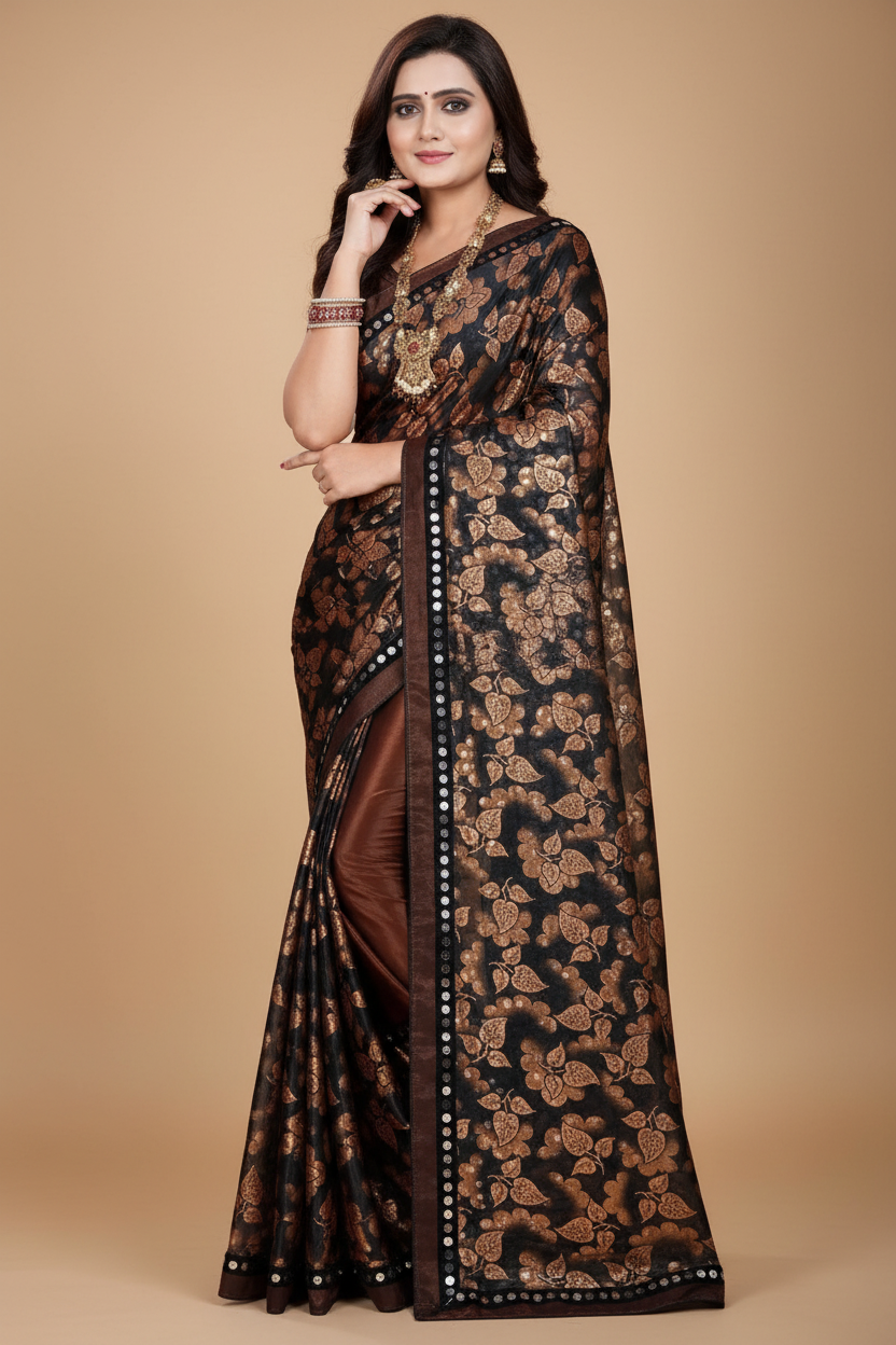Snuggle Spot Women's Lycra Blend Saree with Blouse (Coffee, 5-6 Mtrs)