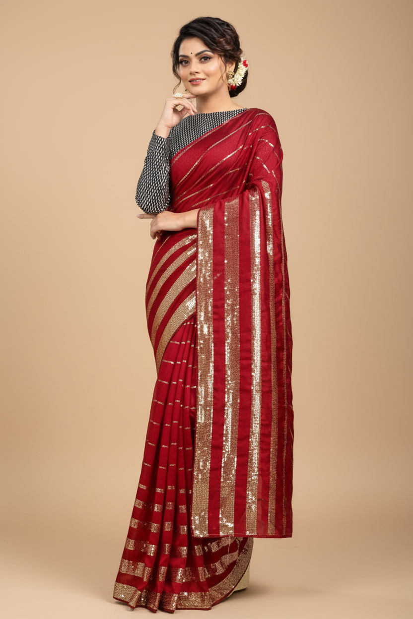 Snuggle Spot Women's Vichitra Saree with Blouse (Red, 5-6 Mtrs)