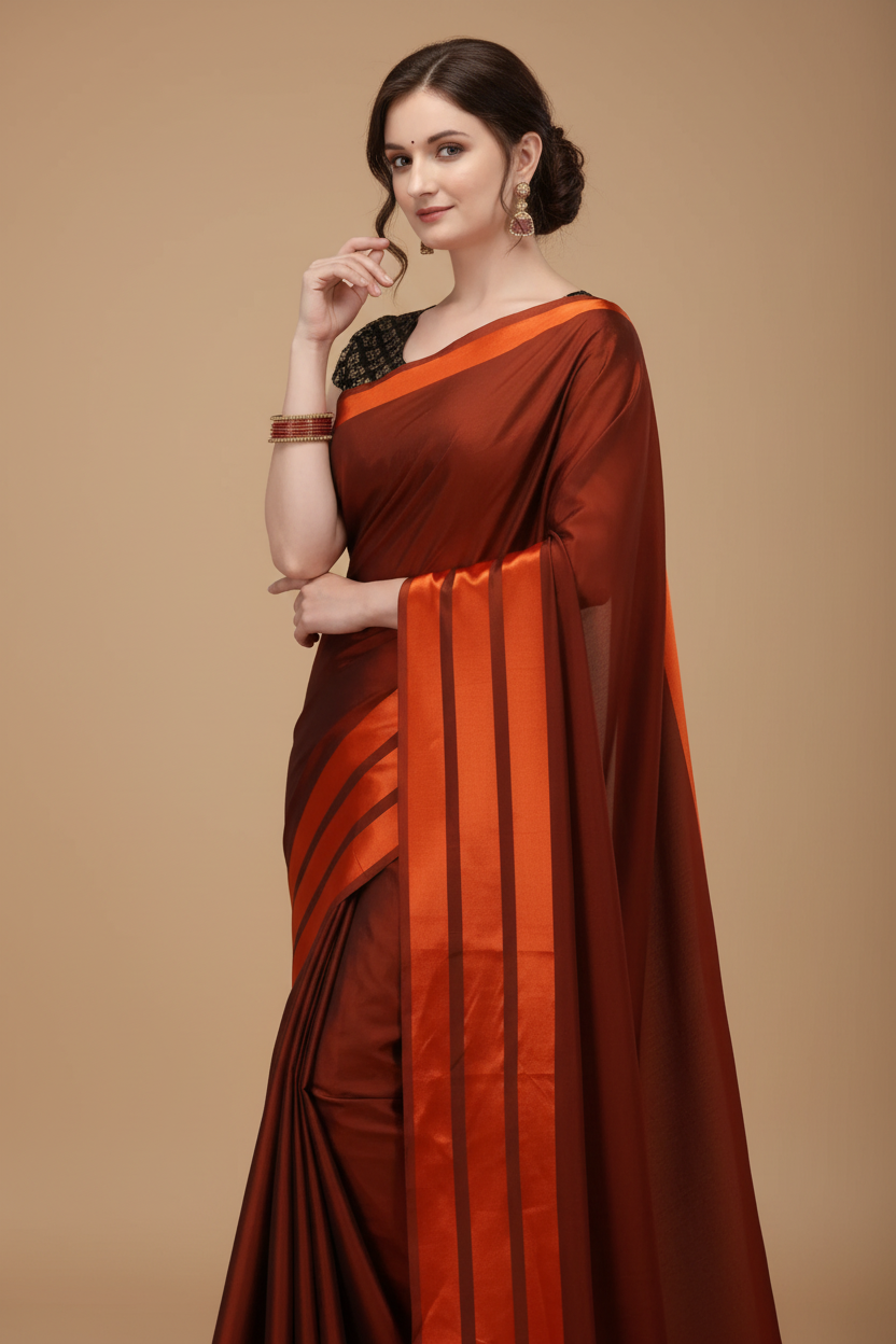 Snuggle Spot Women's Satin Silk Saree with Blouse (Orange, 5-6 Mtrs)