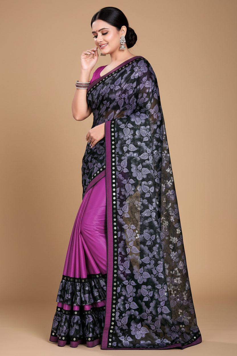 Snuggle Spot Women's Lycra Blend Saree with Blouse (Purple, 5-6 Mtrs)