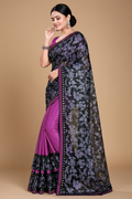 Snuggle Spot Women's Lycra Blend Saree with Blouse (Purple, 5-6 Mtrs)