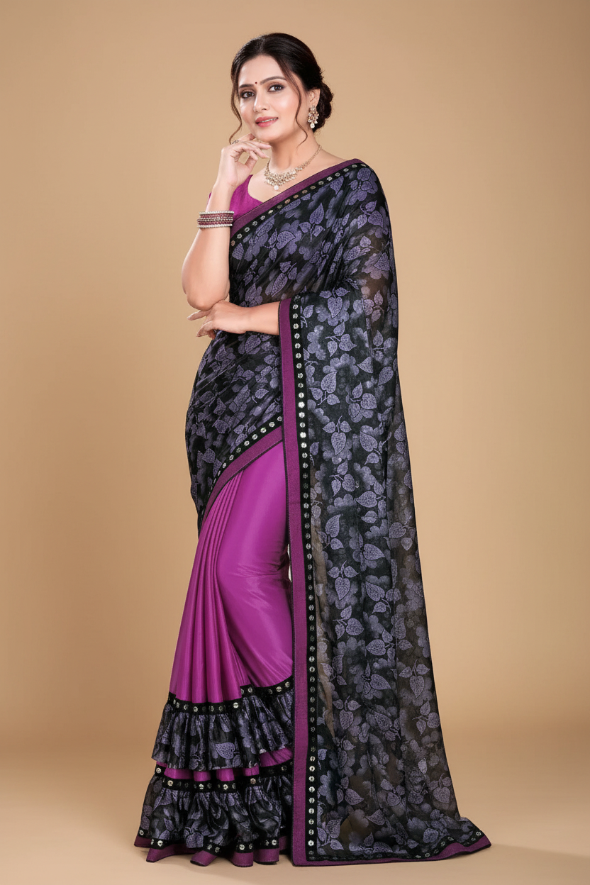 Snuggle Spot Women's Lycra Blend Saree with Blouse (Purple, 5-6 Mtrs)
