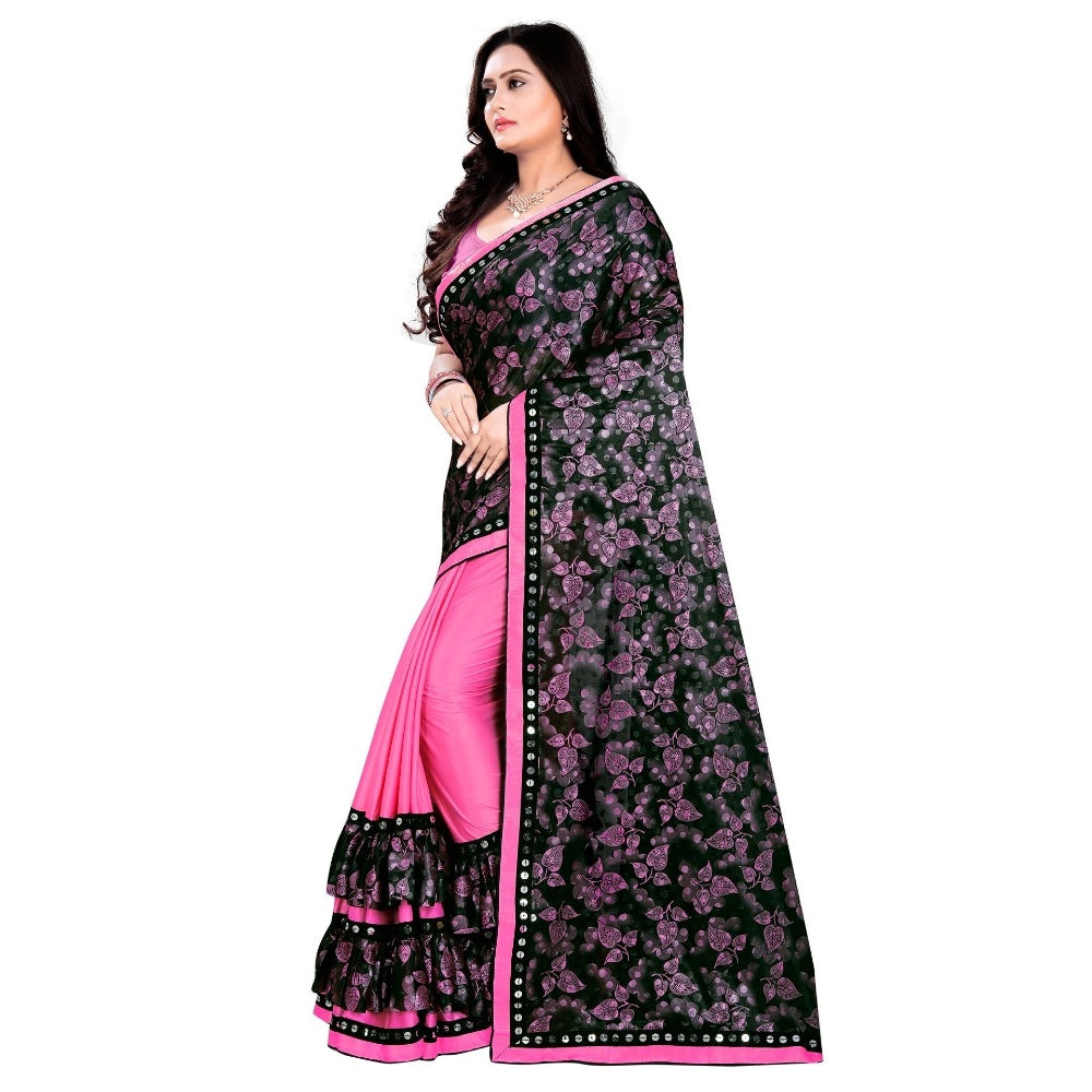 Snuggle Spot Women's Lycra Blend Saree with Blouse (Pink, 5-6 Mtrs)
