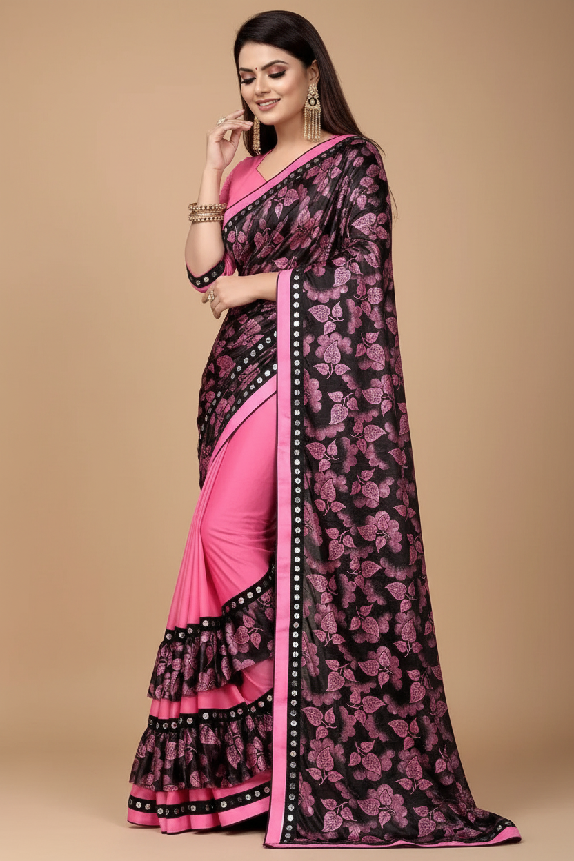 Snuggle Spot Women's Lycra Blend Saree with Blouse (Pink, 5-6 Mtrs)
