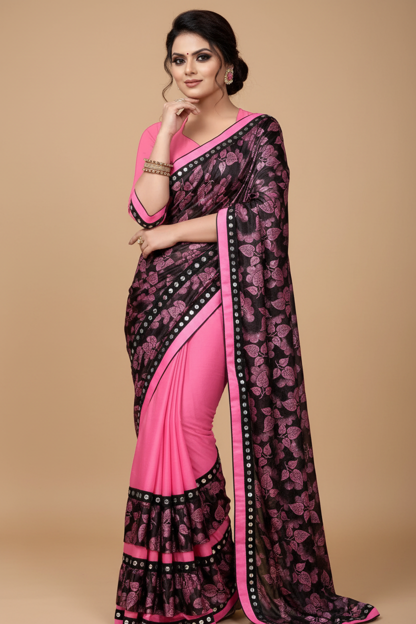 Snuggle Spot Women's Lycra Blend Saree with Blouse (Pink, 5-6 Mtrs)