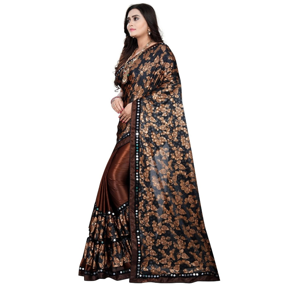 Snuggle Spot Women's Lycra Blend Saree with Blouse (Coffee, 5-6 Mtrs)