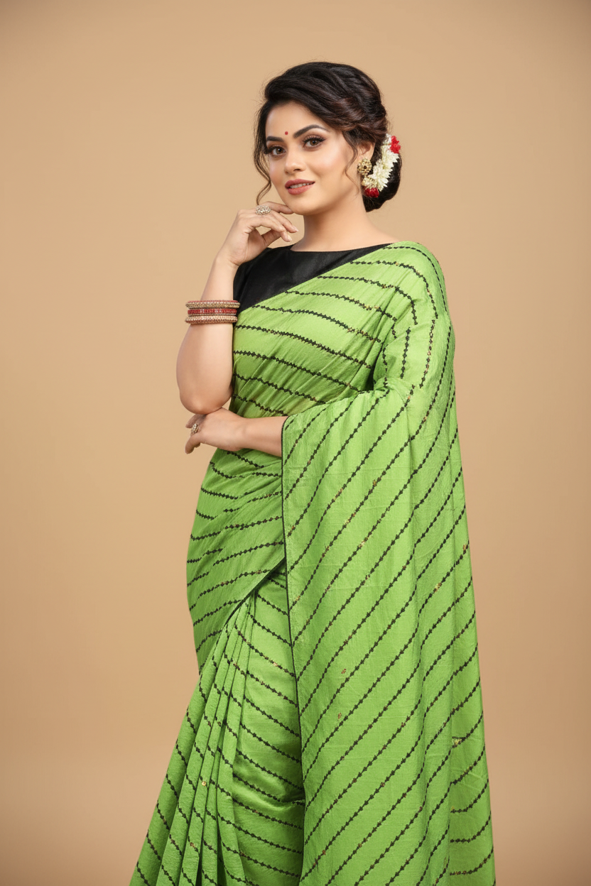 Snuggle Spot Women's Vichitra Saree with Blouse (LightGreen, 5-6 Mtrs)