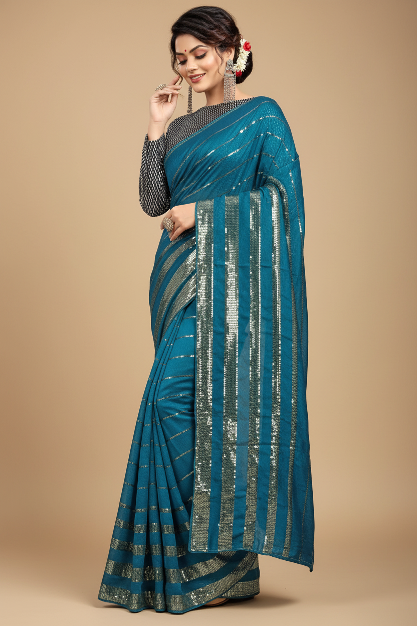 Snuggle Spot Women's Vichitra Saree with Blouse (Rama, 5-6 Mtrs)