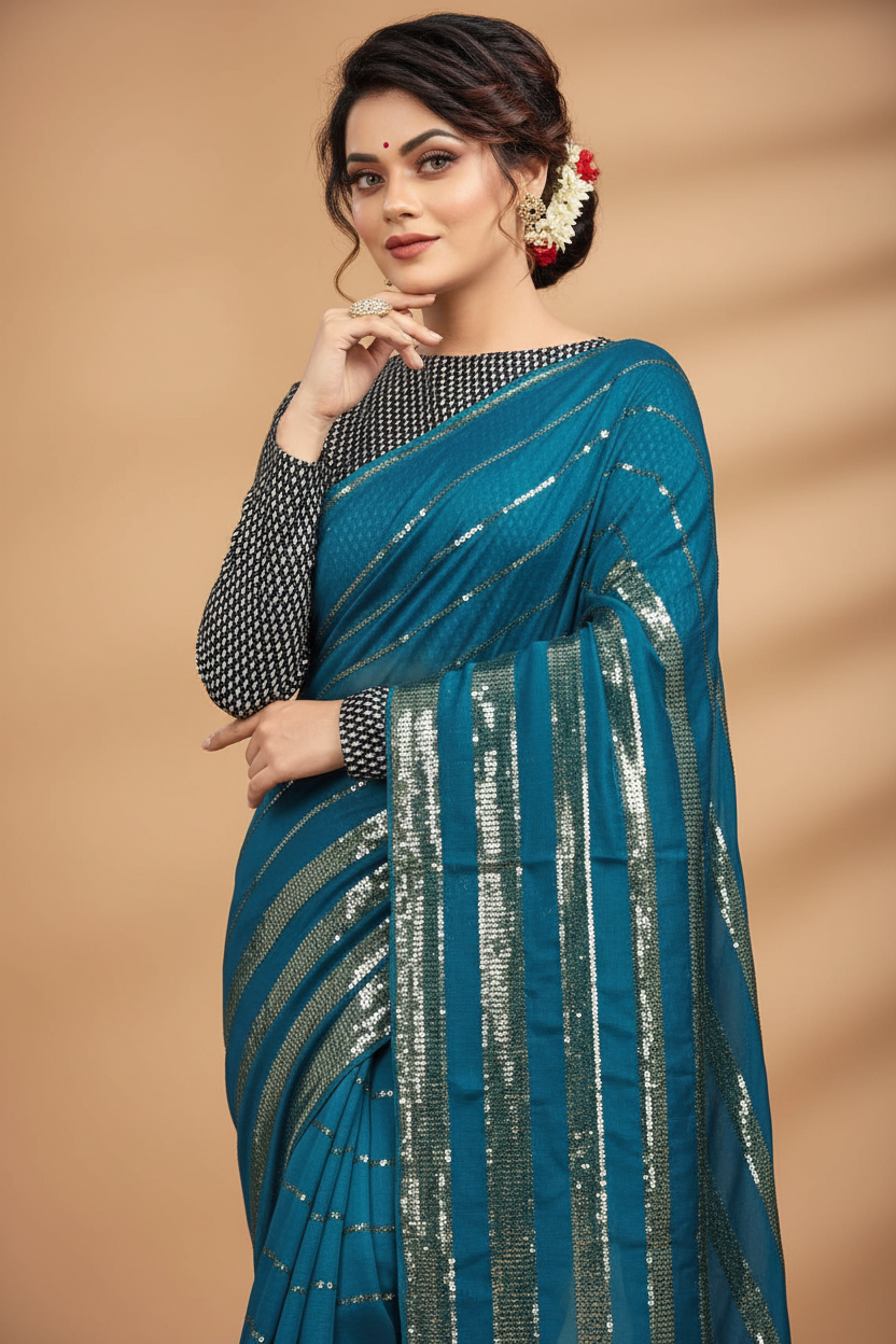Snuggle Spot Women's Vichitra Saree with Blouse (Rama, 5-6 Mtrs)
