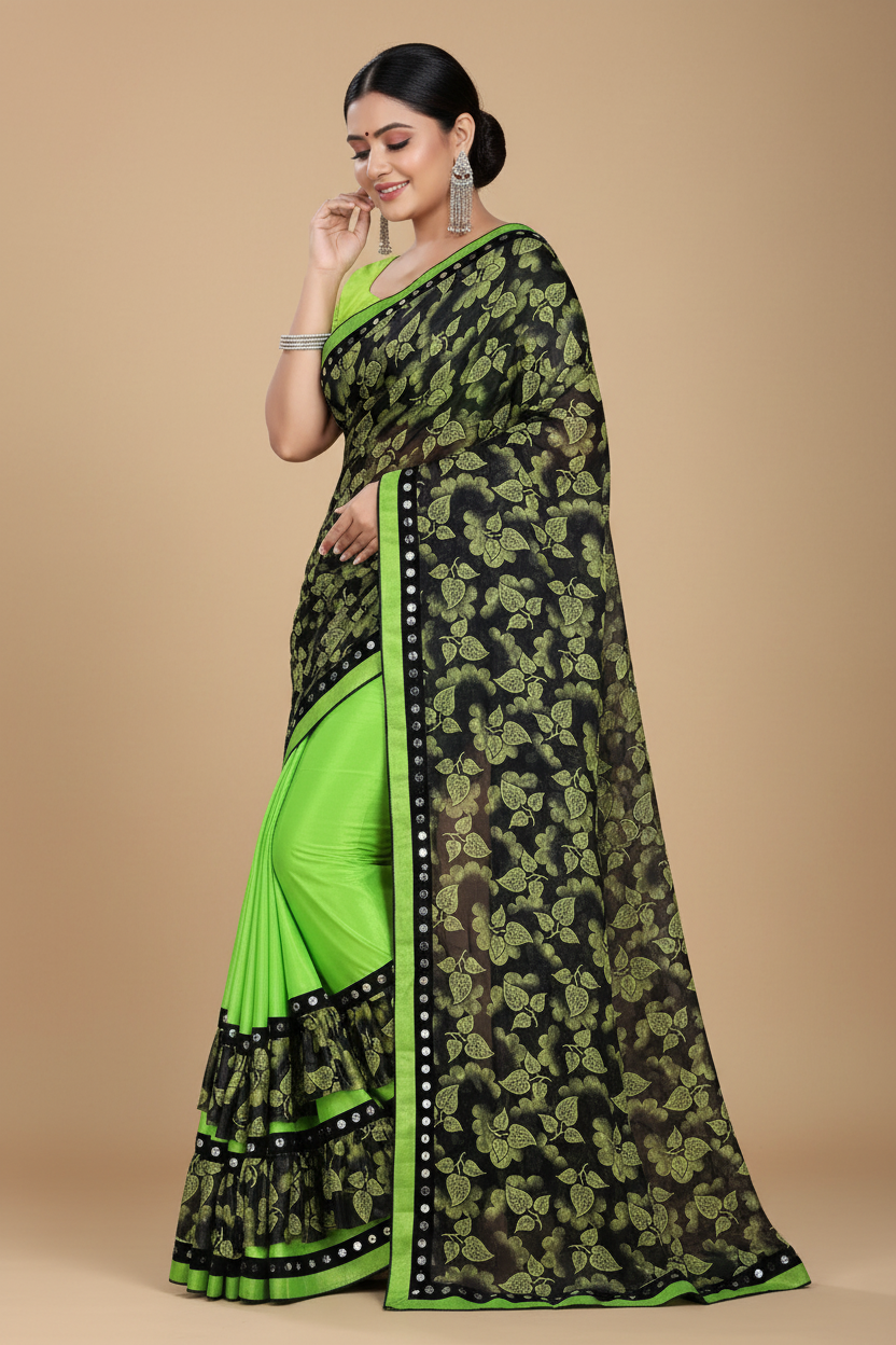 Snuggle Spot Women's Lycra Blend Saree with Blouse (Pista, 5-6 Mtrs)