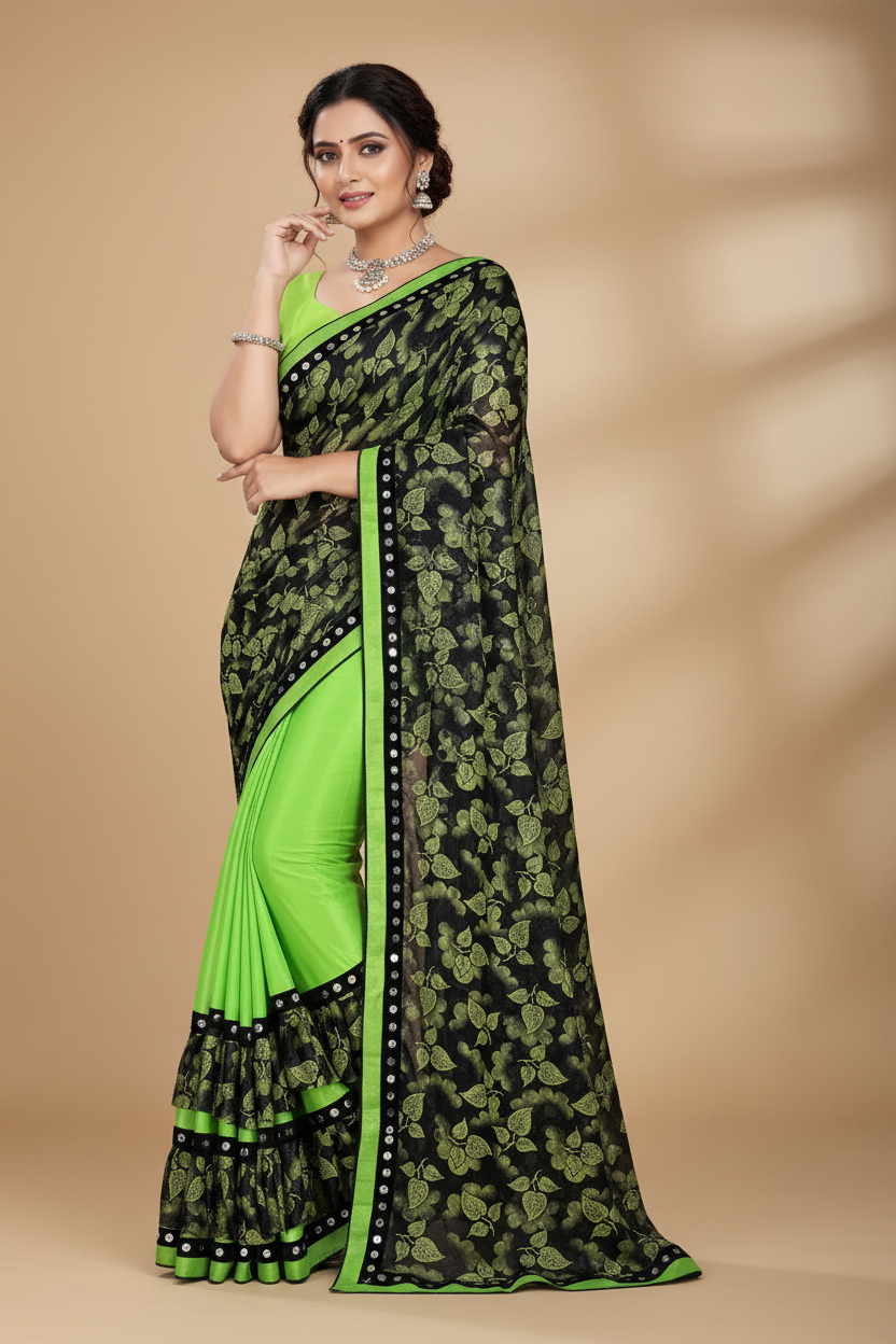 Snuggle Spot Women's Lycra Blend Saree with Blouse (Pista, 5-6 Mtrs)