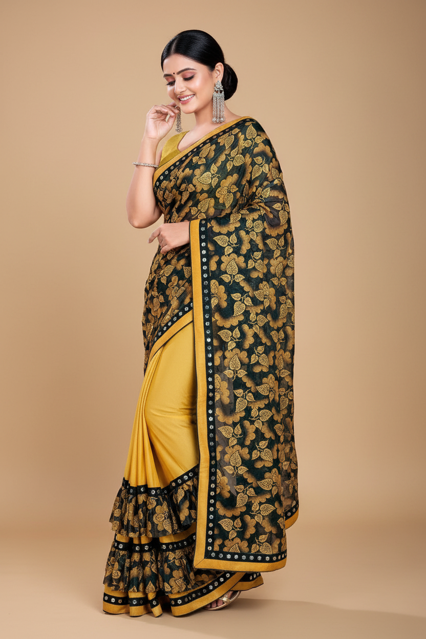 Snuggle Spot Women's Lycra Blend Saree with Blouse (Mustard, 5-6 Mtrs)