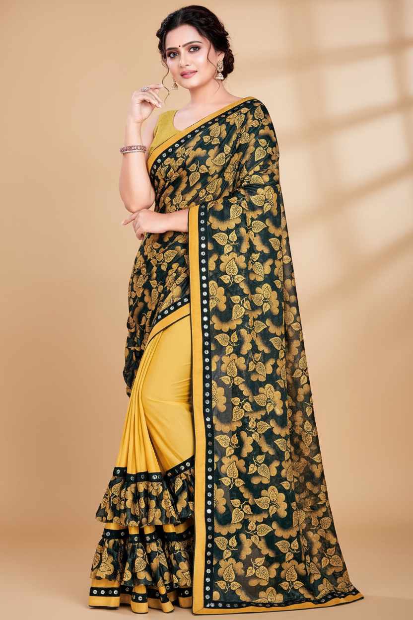 Snuggle Spot Women's Lycra Blend Saree with Blouse (Mustard, 5-6 Mtrs)