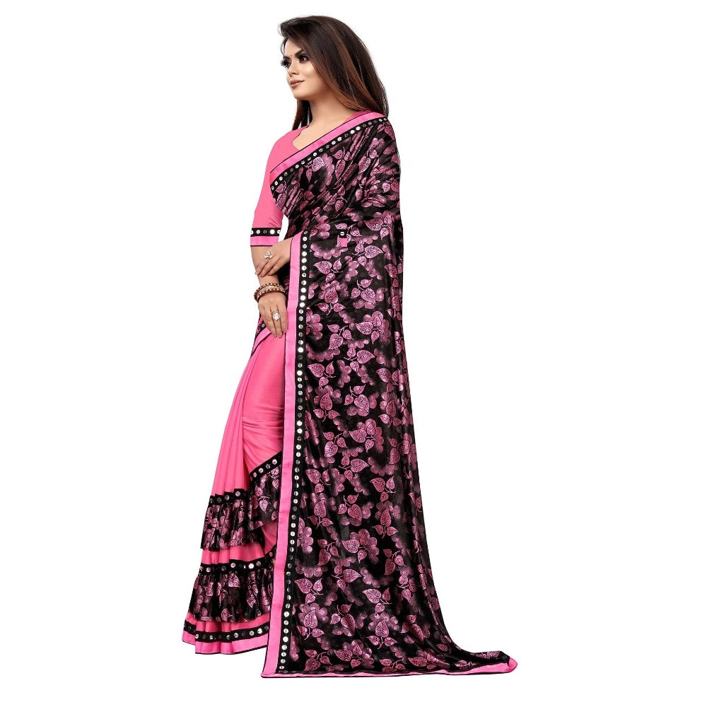 Snuggle Spot Women's Lycra Blend Saree with Blouse (Pink, 5-6 Mtrs)