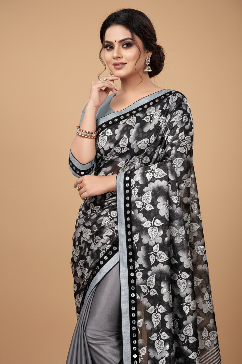 Snuggle Spot Women's Lycra Blend Saree with Blouse (Grey, 5-6 Mtrs)
