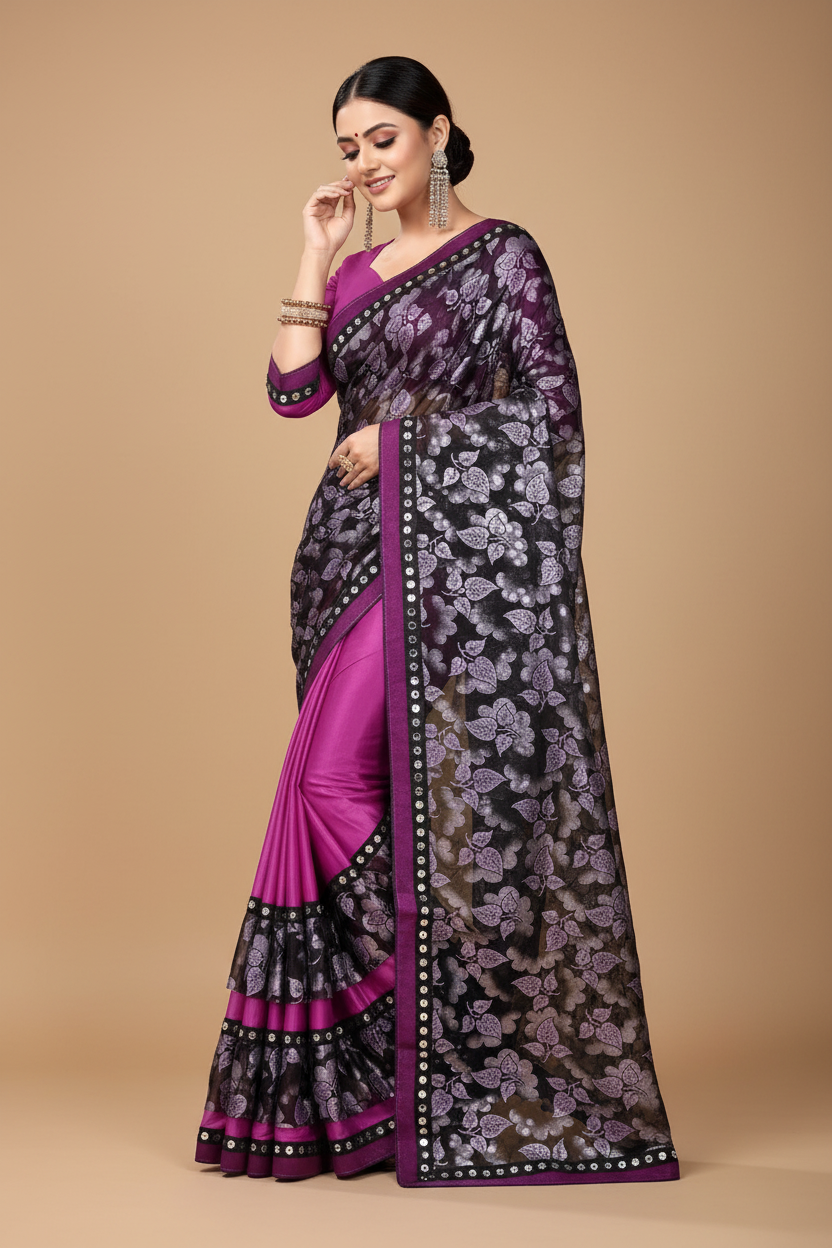 Snuggle Spot Women's Lycra Blend Saree with Blouse (Purple, 5-6 Mtrs)