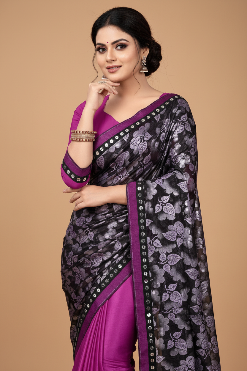 Snuggle Spot Women's Lycra Blend Saree with Blouse (Purple, 5-6 Mtrs)