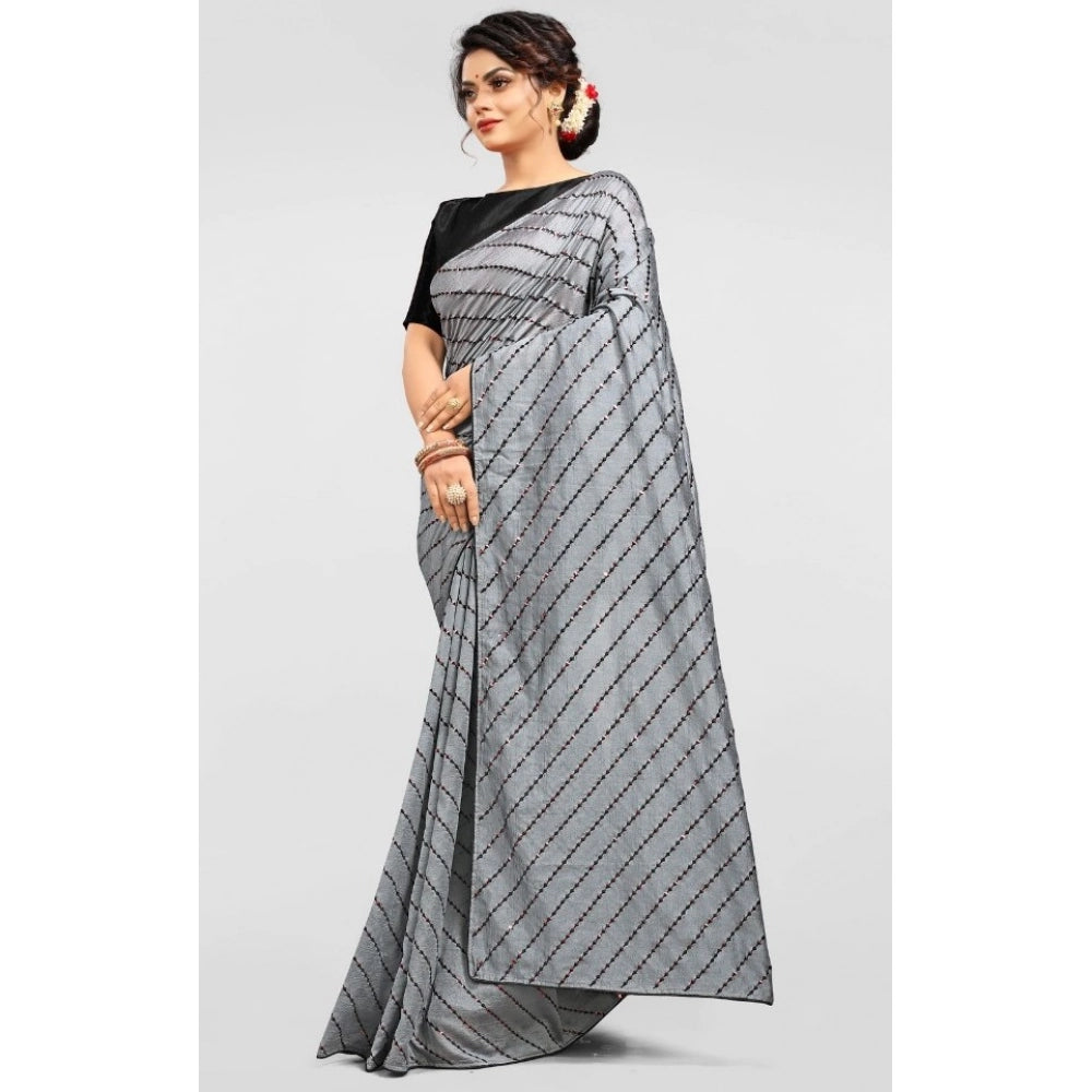 Snuggle Spot Women's Vichitra Saree with Blouse (Grey, 5-6 Mtrs)