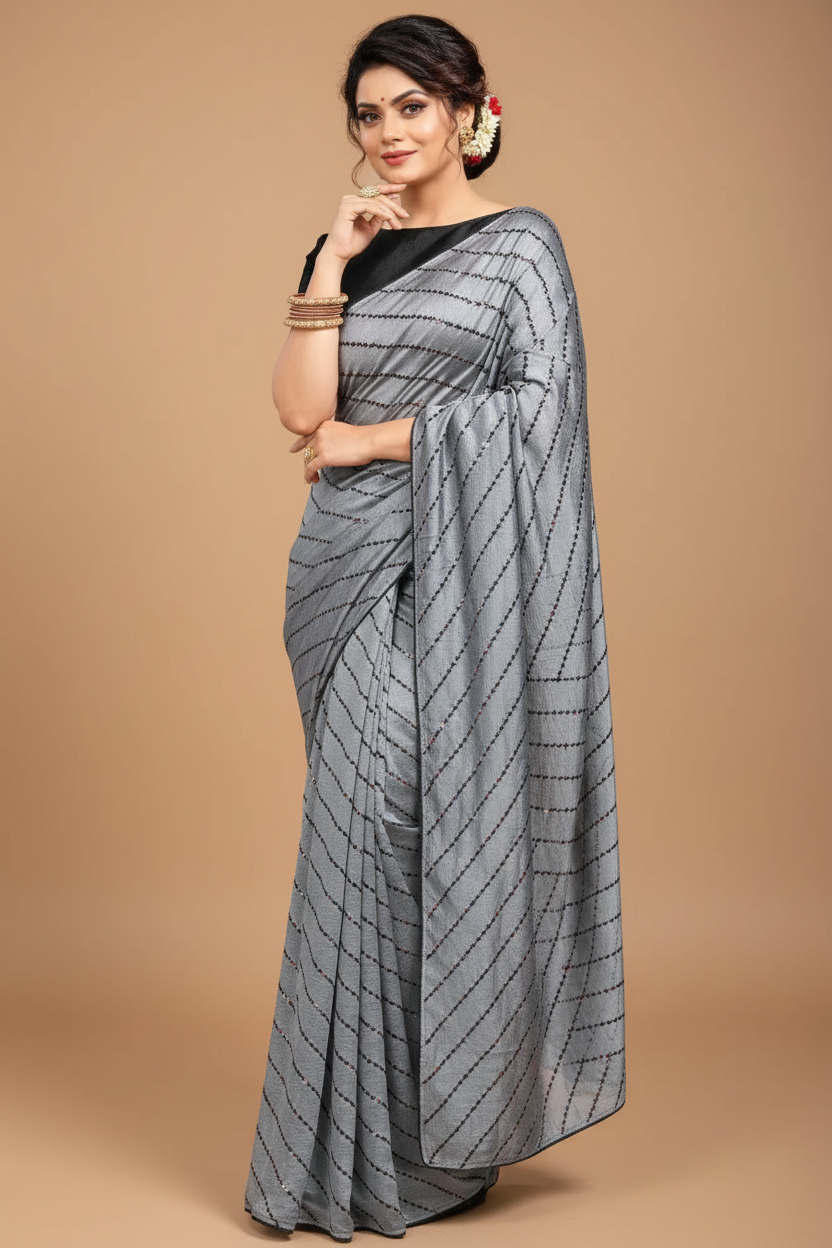 Snuggle Spot Women's Vichitra Saree with Blouse (Grey, 5-6 Mtrs)