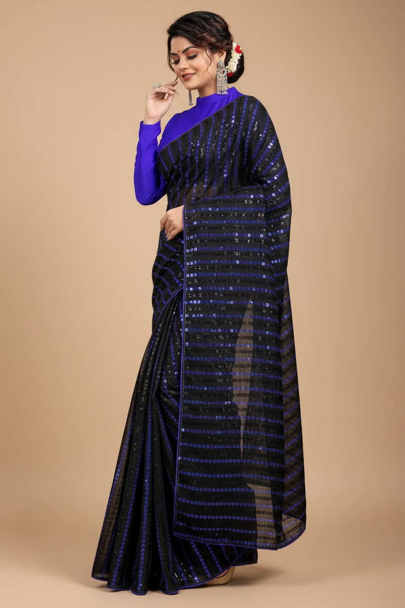 Snuggle Spot Women's Vichitra Saree with Blouse (Blue, 5-6 Mtrs)