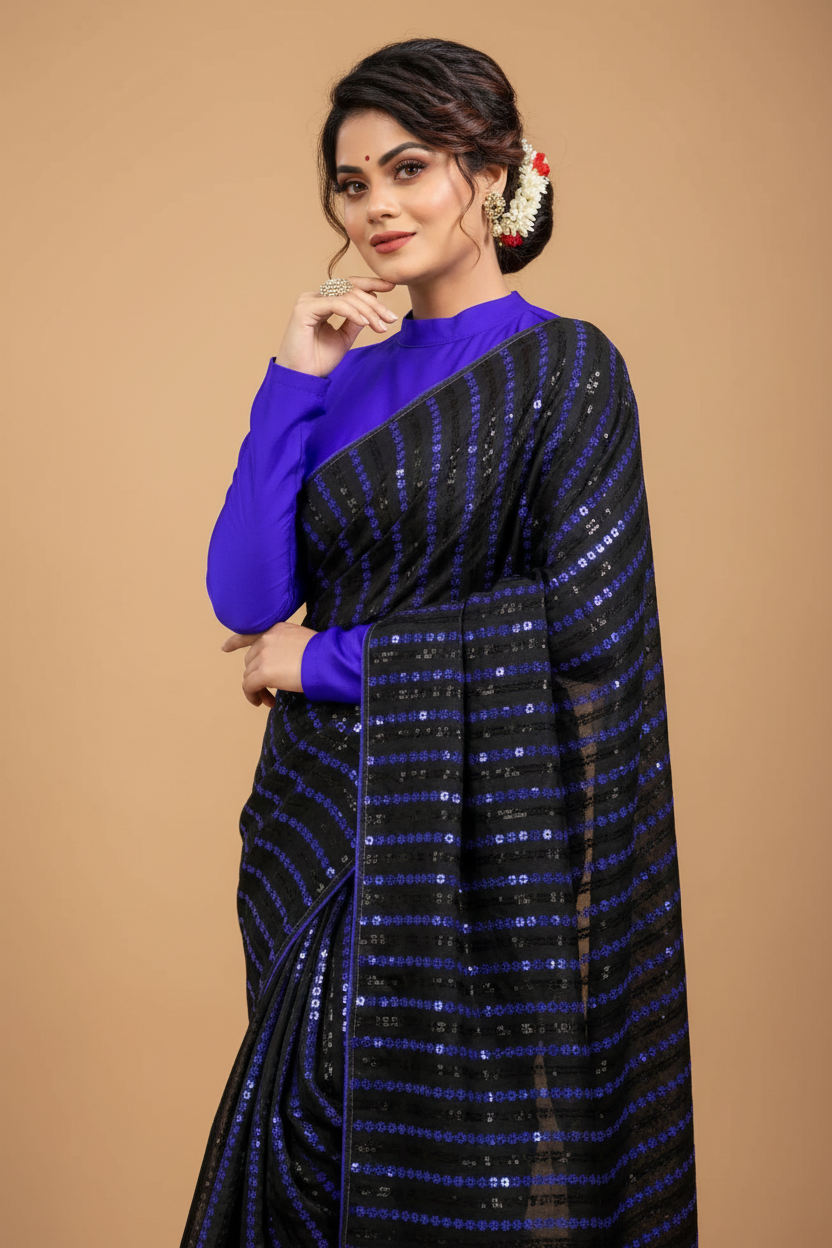 Snuggle Spot Women's Vichitra Saree with Blouse (Blue, 5-6 Mtrs)