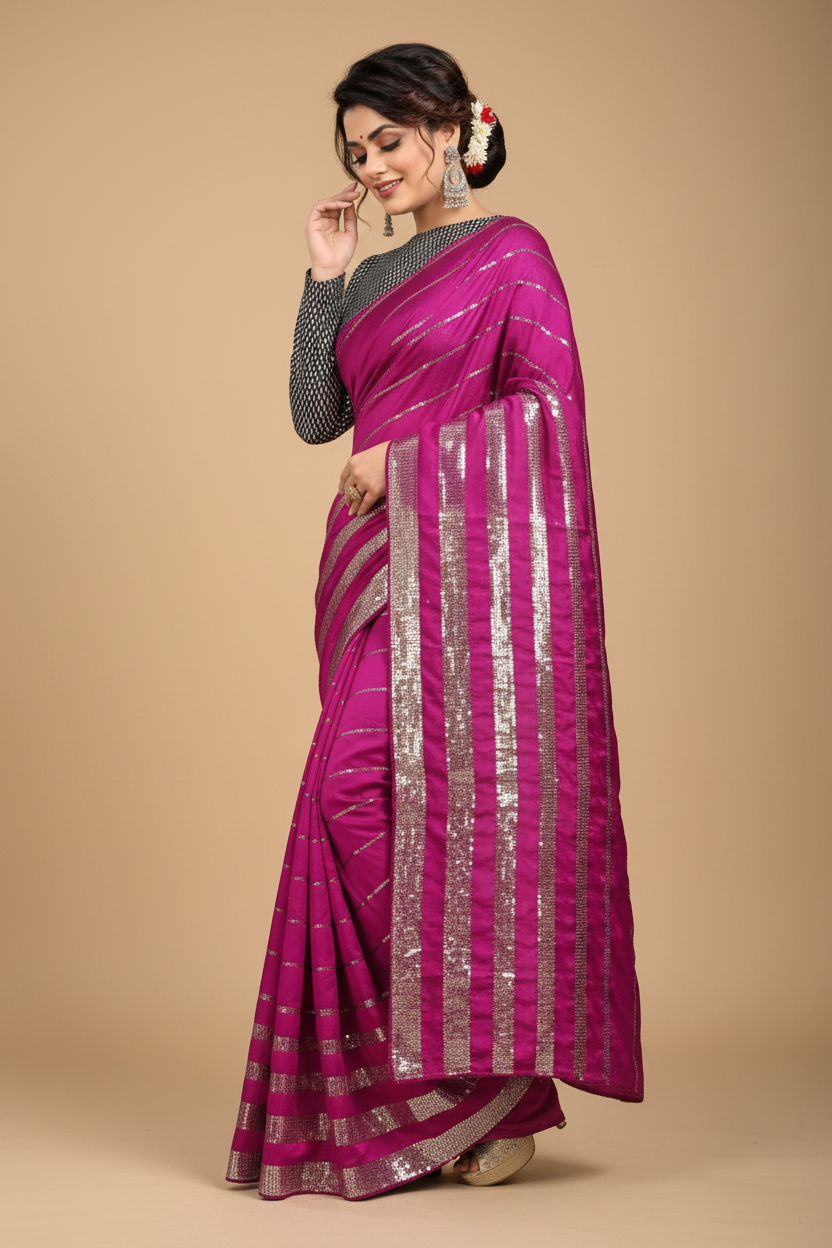 Snuggle Spot Women's Vichitra Saree with Blouse (Pink, 5-6 Mtrs)