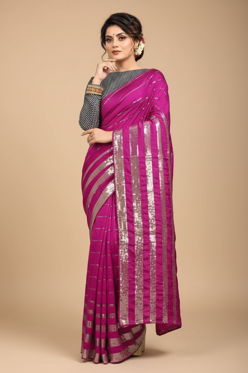 Snuggle Spot Women's Vichitra Saree with Blouse (Pink, 5-6 Mtrs)