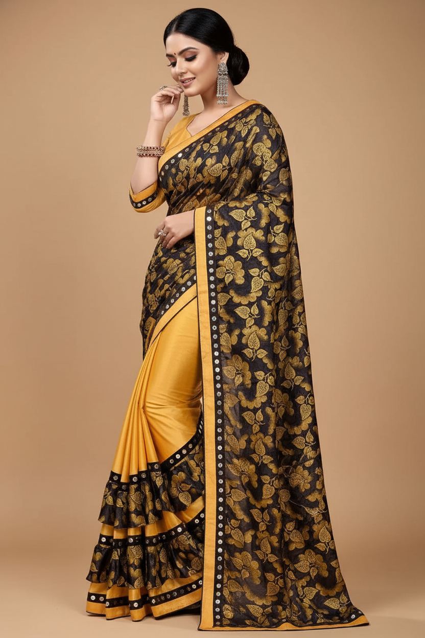 Snuggle Spot Women's Lycra Blend Saree with Blouse (Mustard, 5-6 Mtrs)