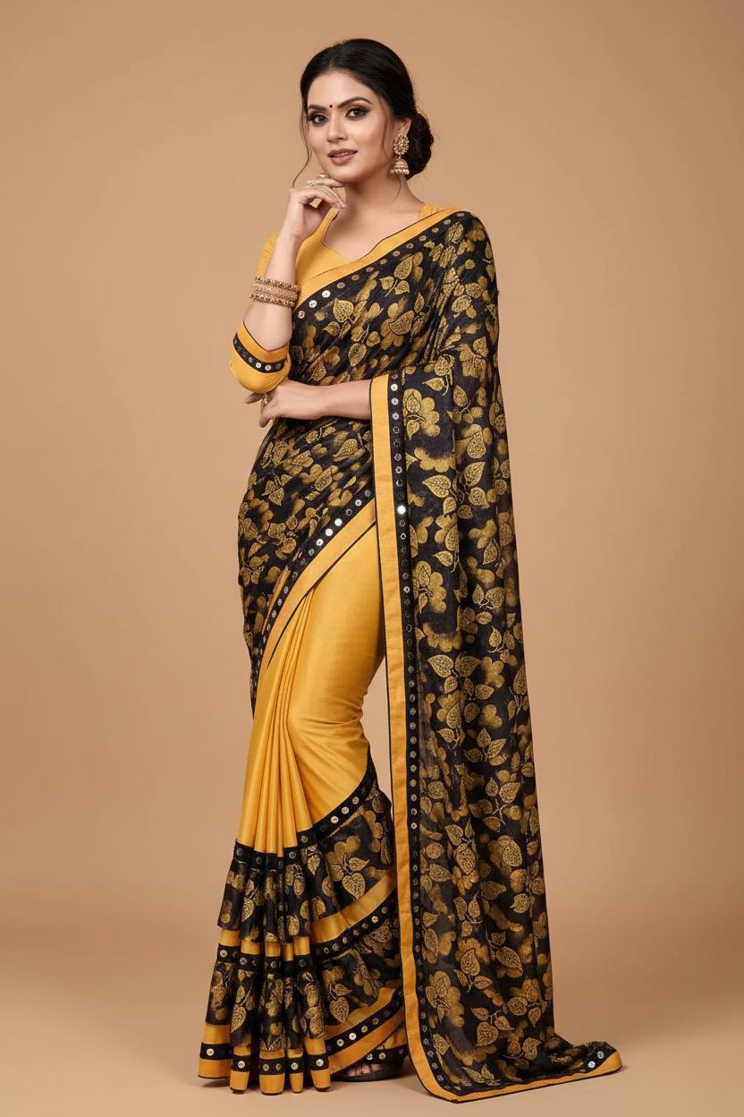Snuggle Spot Women's Lycra Blend Saree with Blouse (Mustard, 5-6 Mtrs)
