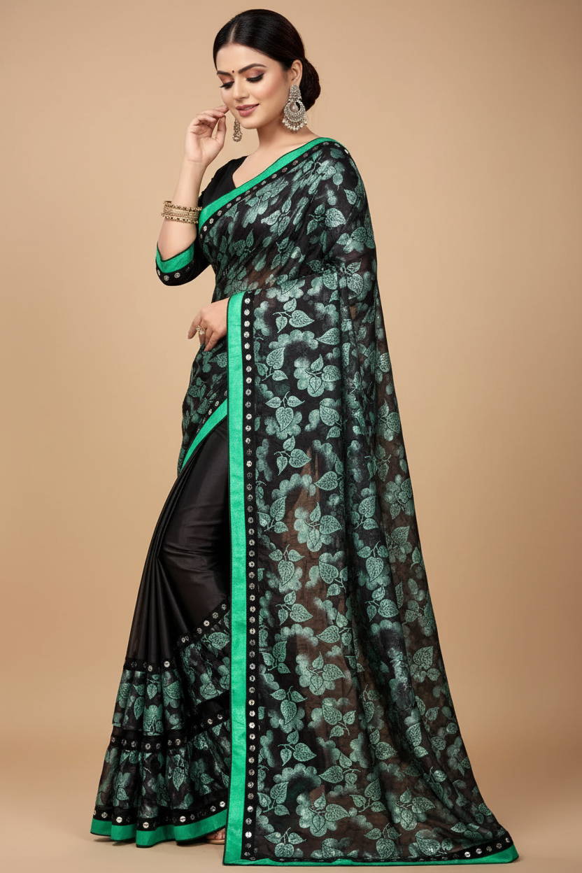 Snuggle Spot Women's Lycra Blend Saree with Blouse (Green, 5-6 Mtrs)