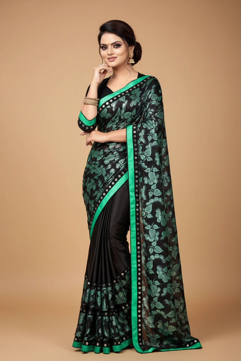Snuggle Spot Women's Lycra Blend Saree with Blouse (Green, 5-6 Mtrs)
