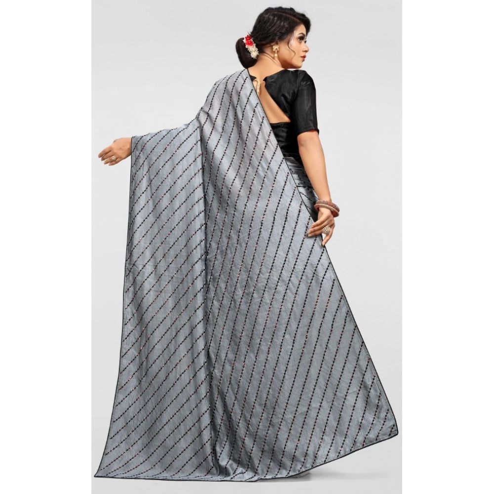 Snuggle Spot Women's Vichitra Saree with Blouse (Grey, 5-6 Mtrs)