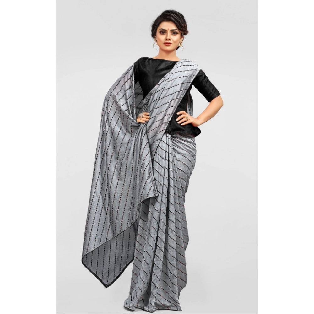 Snuggle Spot Women's Vichitra Saree with Blouse (Grey, 5-6 Mtrs)