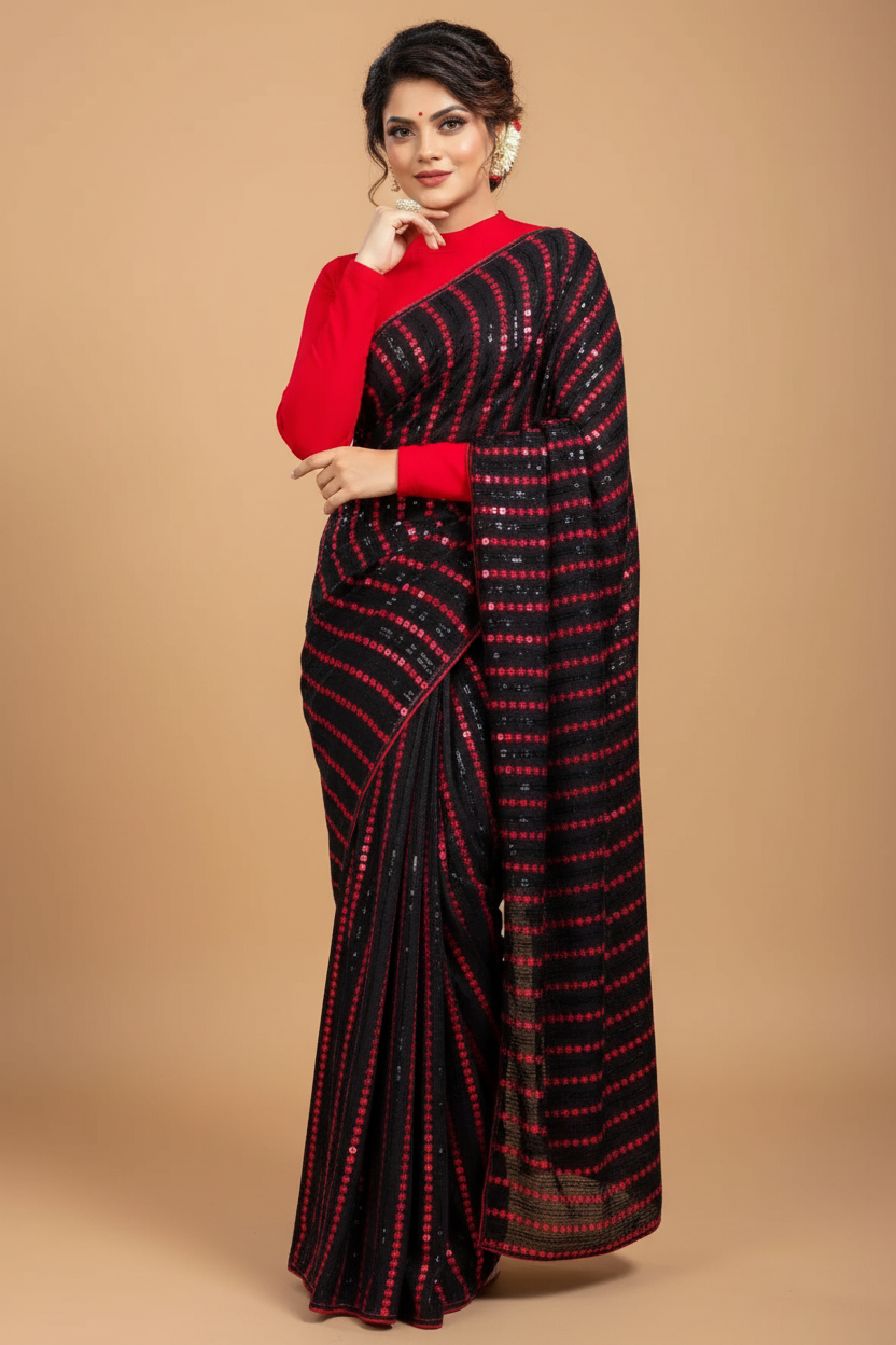 Snuggle Spot Women's Vichitra Saree with Blouse (Red, 5-6 Mtrs)
