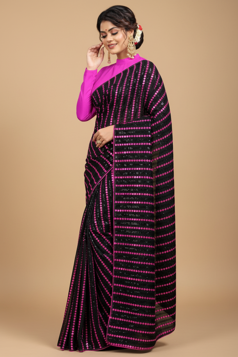 Snuggle Spot Women's Vichitra Saree with Blouse (Pink, 5-6 Mtrs)