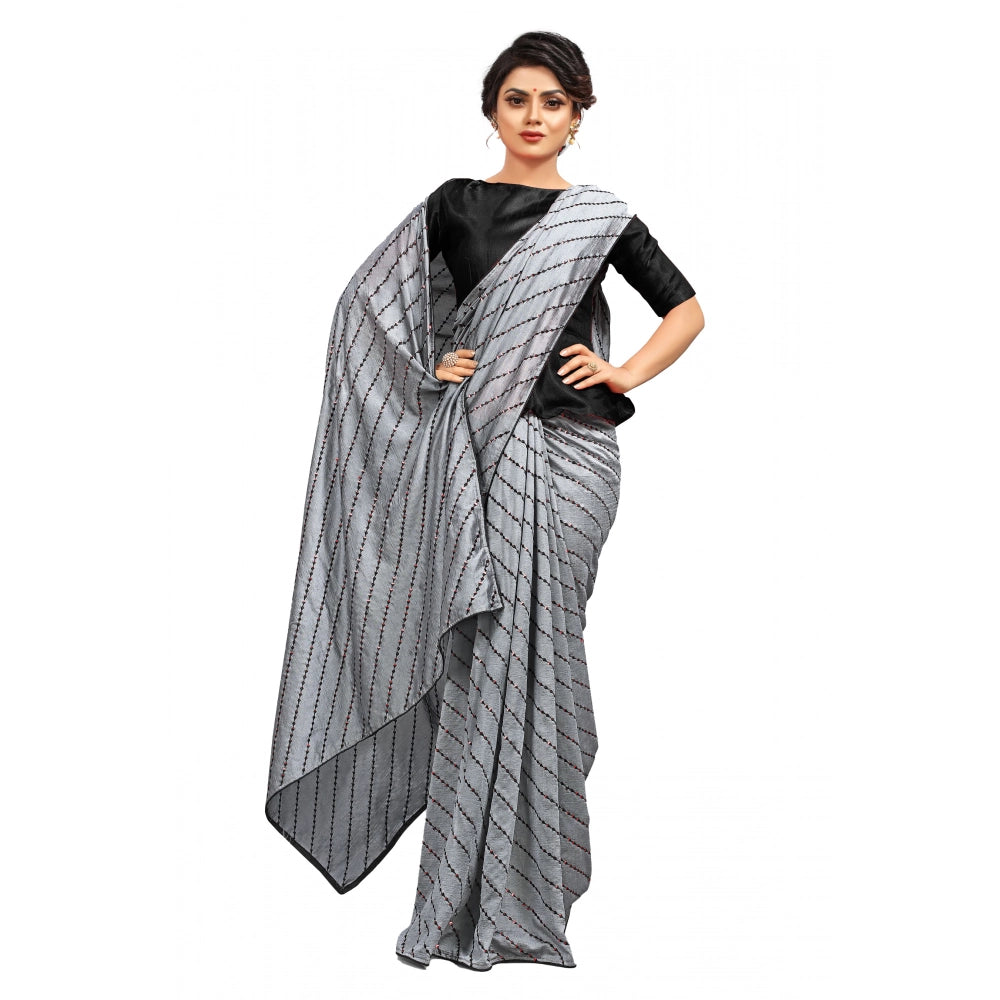 Snuggle Spot Women's Vichitra Saree with Blouse (Grey, 5-6 Mtrs)