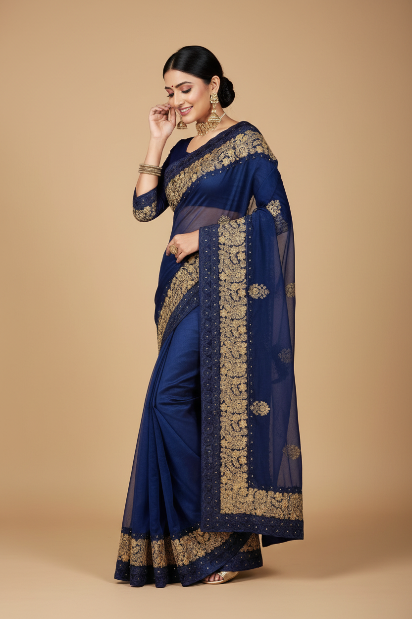 Snuggle Spot Women's Net Saree With Blouse (Navy Blue, 5-6Mtrs)