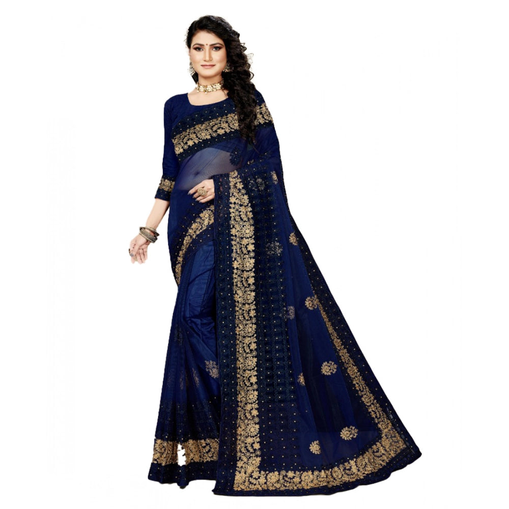 Snuggle Spot Women's Net Saree With Blouse (Navy Blue, 5-6Mtrs)