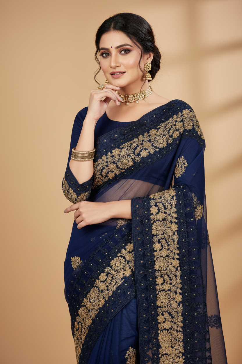Snuggle Spot Women's Net Saree With Blouse (Navy Blue, 5-6Mtrs)